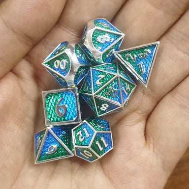 Mini Behemoth Silver with Green Aqua 7 Dice Set - Saltire Games