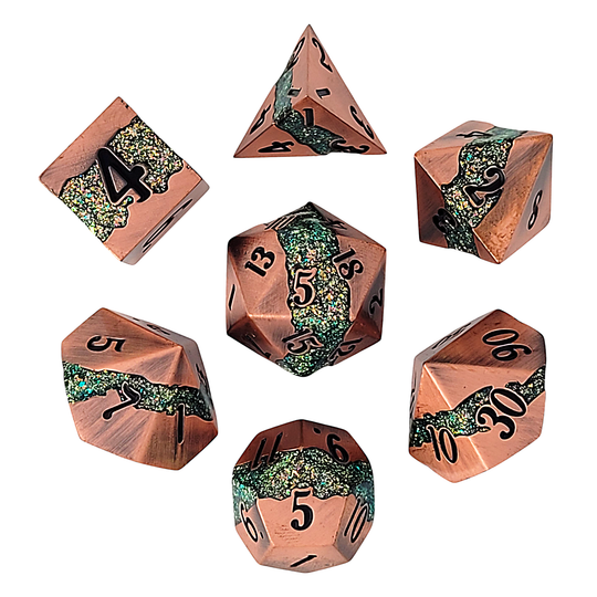 Galactic Flow Copper Green 7-Piece Metal Dice Set - Saltire Games