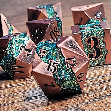 Galactic Flow Copper Green 7-Piece Metal Dice Set - Saltire Games