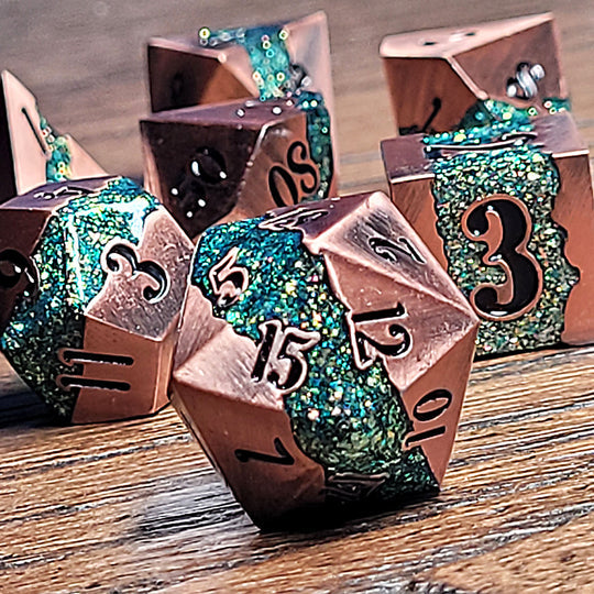 Galactic Flow Copper Green 7-Piece Metal Dice Set - Saltire Games