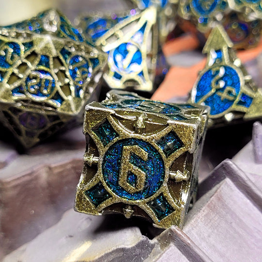 Arcane Enigma Gold Blue Metal RPG Dice Set - Saltire Games