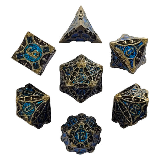 Arcane Enigma Gold Blue Metal RPG Dice Set - Saltire Games