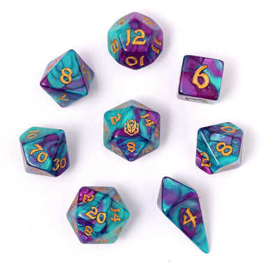 Wyrmforged Rollers - Rounded Edge 8 Piece Polyhedral Dice set - Frostbloom - Saltire Games