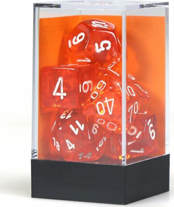 Translucent Polyhedral Orange/white 7-Die Set - Saltire Games