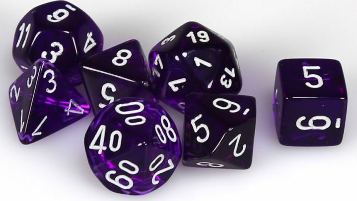 Translucent Polyhedral Purple/white 7-Die Set - Saltire Games