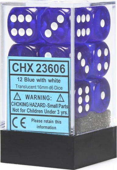 Translucent 16mm D6 Blue/white Dice Block™ (12 dice) - Saltire Games