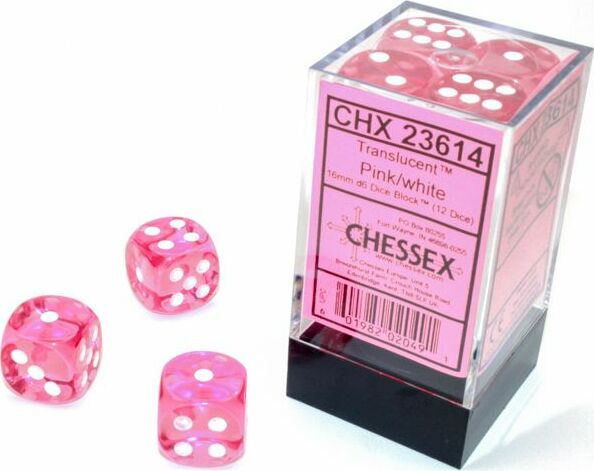 Translucent 16mm D6 Pink/white Dice Block™ (12 dice) - Saltire Games