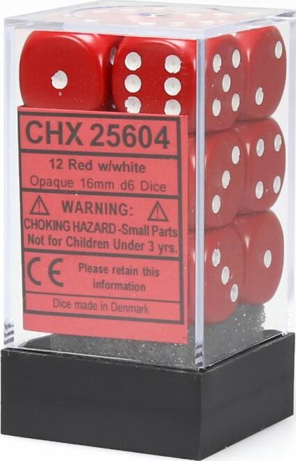 Opaque 16mm D6 Red/white Dice Block™ (12 dice) - Saltire Games