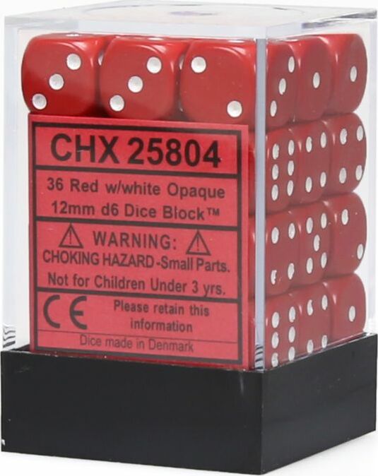 Opaque 12mm D6 Red/white Dice Block™ (36 dice) - Saltire Games