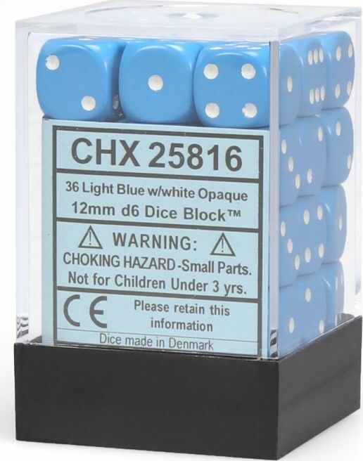 Opaque 12mm D6 Light Blue/white Dice Block™ (36 dice) - Saltire Games