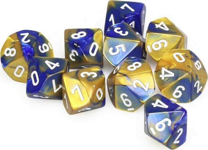 Gemini Blue Gold White d10 set - Saltire Games