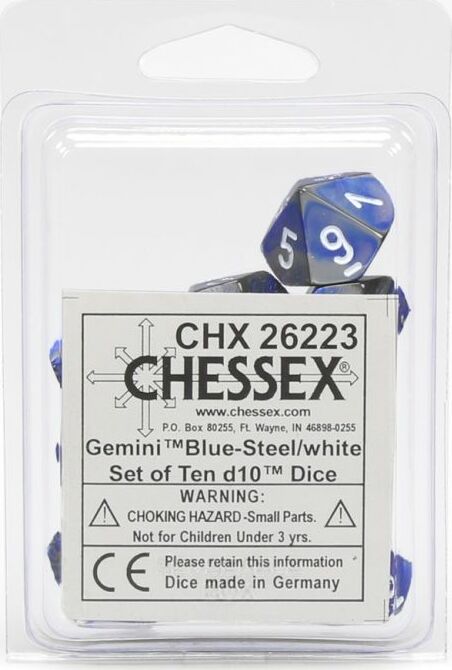 Gemini Blue Steel White d10 set - Saltire Games