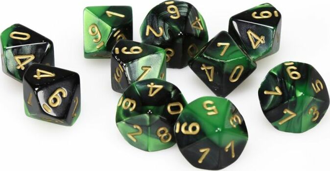 Gemini Black Green Gold d10 set - Saltire Games