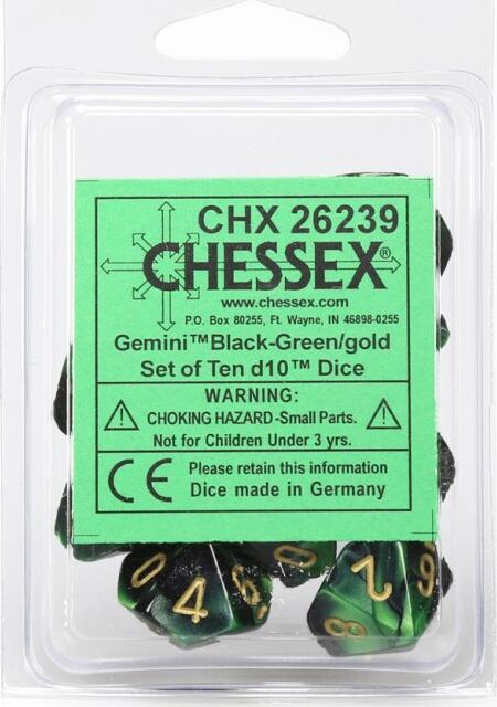 Gemini Black Green Gold d10 set - Saltire Games