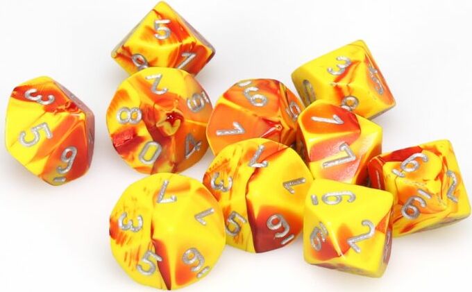 Gemini Red Yellow Silver d10 set - Saltire Games