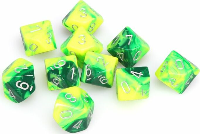 Gemini Green Yellow Silver d10s - Saltire Games