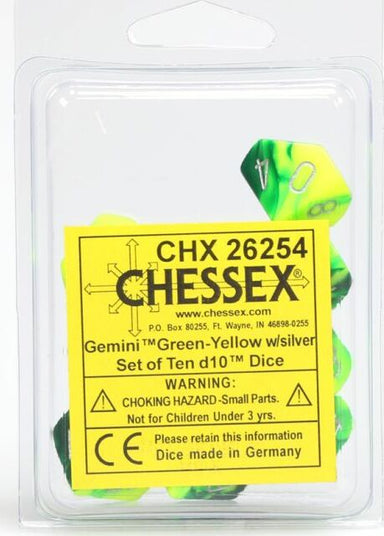 Gemini Green Yellow Silver d10s - Saltire Games