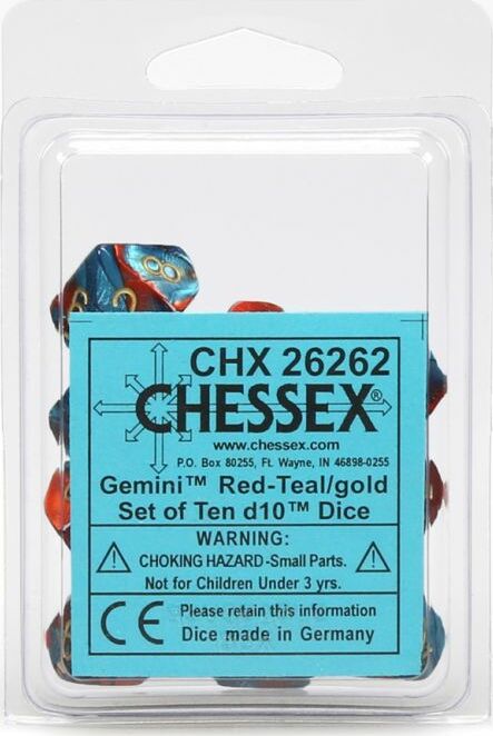 Gemini Red Teal Gold d10 set - Saltire Games