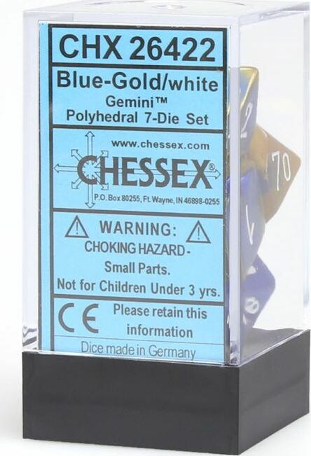 Gemini Blue-Gold/white Polyhedral 7-Die Set - Saltire Games