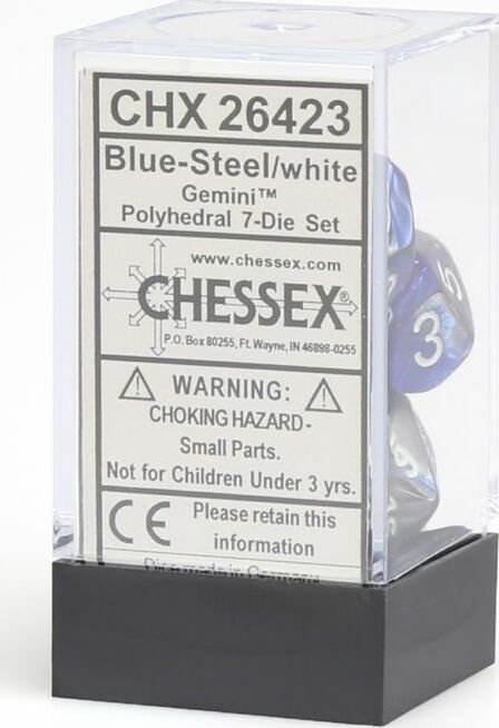 Gemini Blue-Steel/white Polyhedral 7-Die Set - Saltire Games