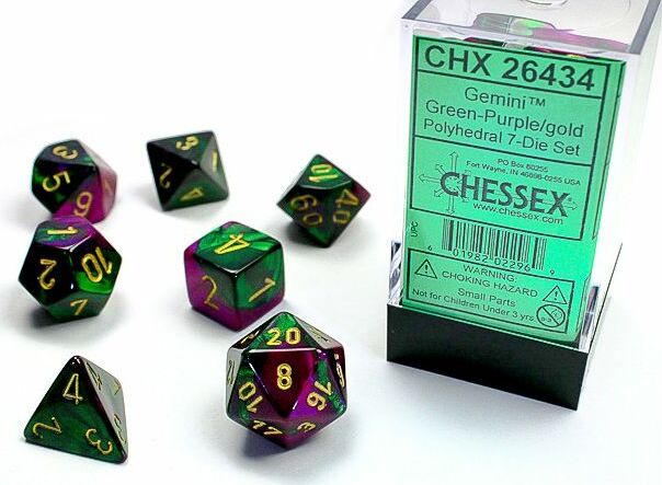 Gemini Green-Purple/gold Polyhedral 7-Die Set - Saltire Games