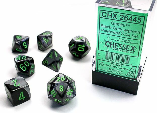 Gemini Black-Grey/green Polyhedral 7-Die Set - Saltire Games