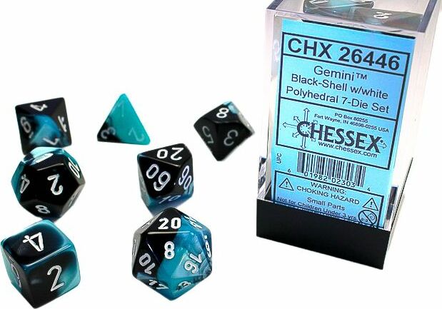 Gemini Black-Shell/white Polyhedral 7-Die Set - Saltire Games