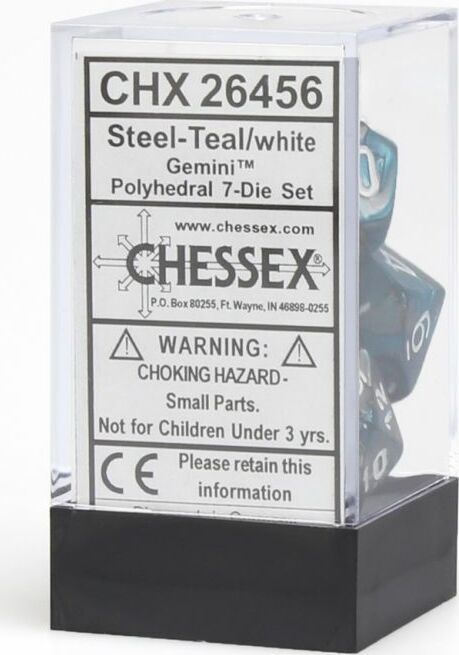 Gemini Steel-Teal/white Polyhedral 7-Die Set - Saltire Games