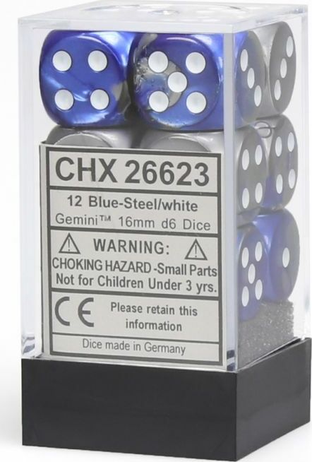 Gemini® 16mm D6 Blue-Steel/white Dice Block™ (12 dice) - Saltire Games