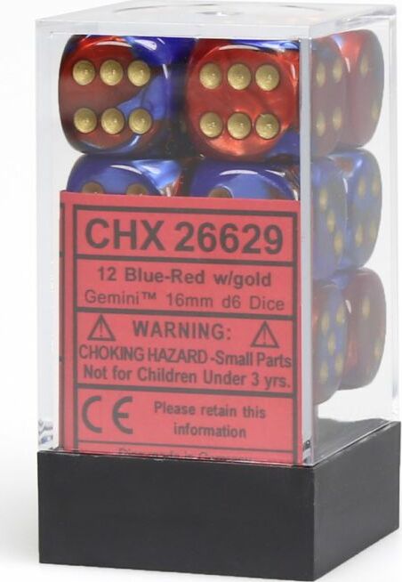 Gemini Blue-Red/gold 16mm d6 Dice Block (12 dice) - Saltire Games