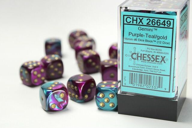 Gemini® 16mm D6 Purple-Teal/gold Dice Block™ (12 dice) - Saltire Games