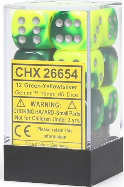 Gemini® 16mm D6 Green-Yellow/silver Dice Block™ (12 dice) - Saltire Games