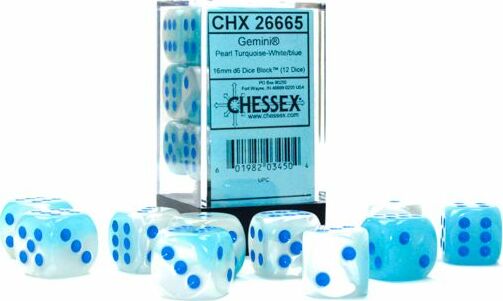 Gemini® 16mm D6 Pearl Turquoise-White/blue Luminary™ Dice Block™ (12 dice) - Saltire Games