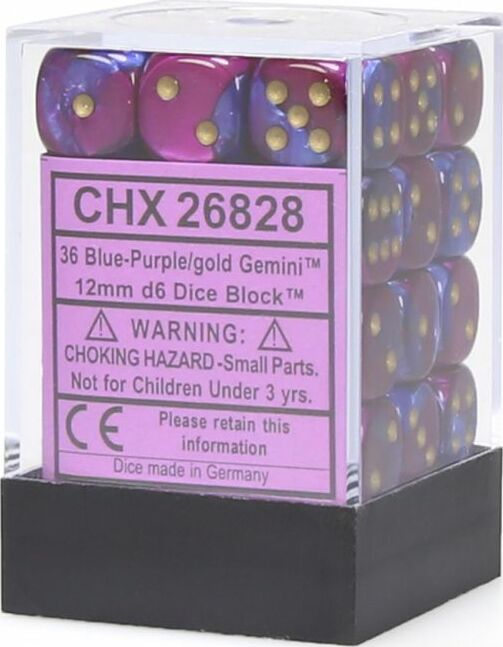 Gemini® 12mm D6 Blue-Purple/gold Dice Block (36 dice) - Saltire Games