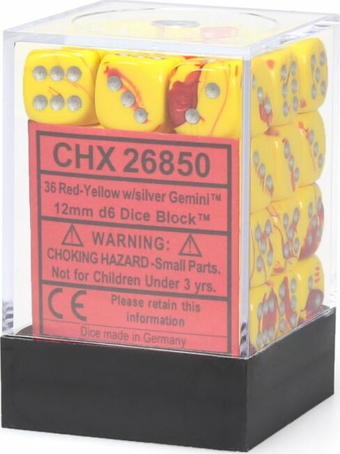 Gemini® 12mm D6 Red-Yellow/silver Dice Block™ (36 dice) - Saltire Games