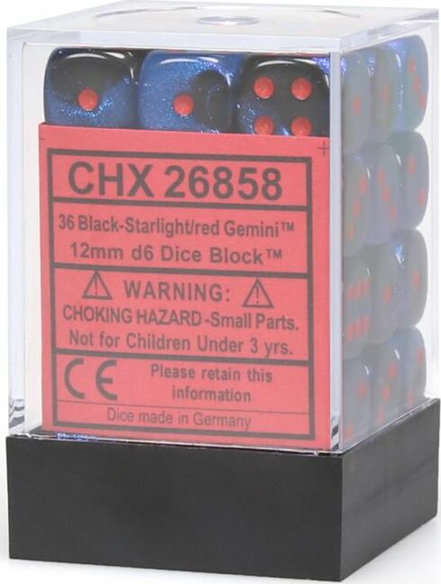 Gemini® 12mm D6 Black-Starlight/red Dice Block™ (36 dice) - Saltire Games