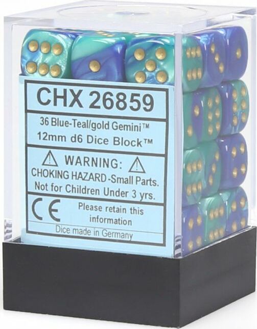 Gemini® 12mm D6 Blue-Teal/gold Dice Block™ (36 dice) - Saltire Games