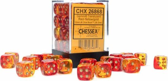 Gemini Translucent Red-Yellow/gold 12mm d6 Dice Block (36 dice) - Saltire Games