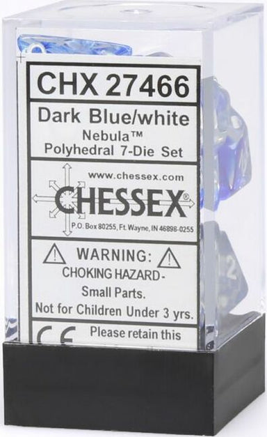 Nebula® Polyhedral Dark Blue/white 7-Die Set - Saltire Games