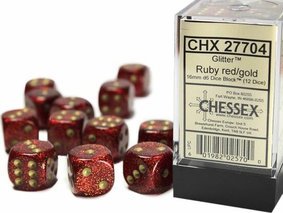 Glitter 16mm D6 Ruby/gold Dice Block™ (12 dice) - Saltire Games