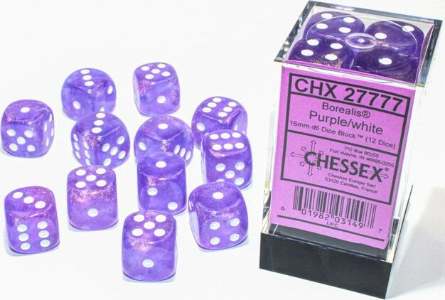 Borealis® 16mm D6 Purple/white Luminary™ Dice Block™ (12 dice) - Saltire Games