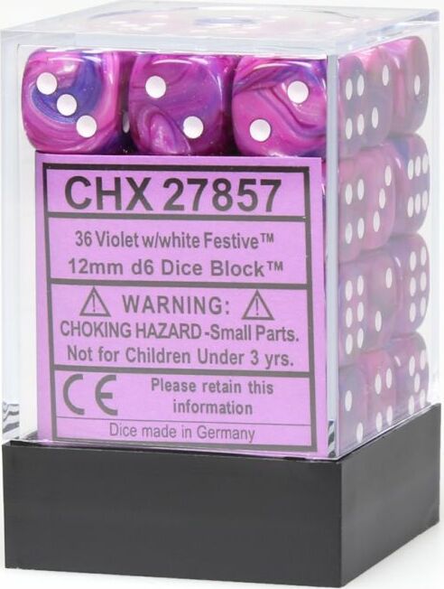 Festive® 12mm D6 Violet/white Dice Block™ (36 dice) - Saltire Games