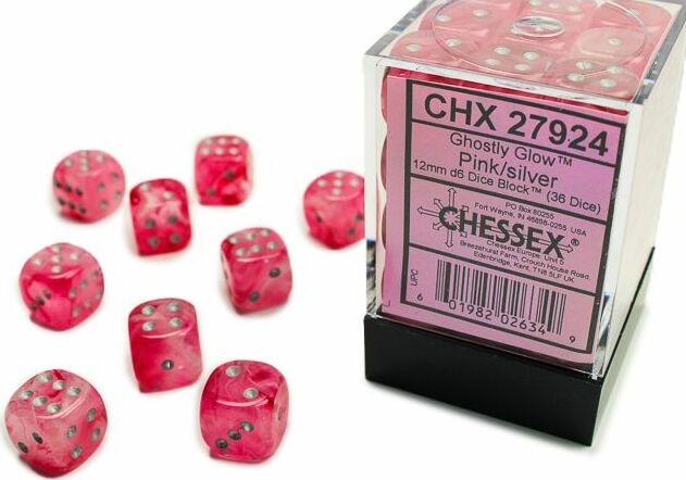 Ghostly Glow™ 12mm D6 Pink/silver Dice Block™ (36 dice) - Saltire Games