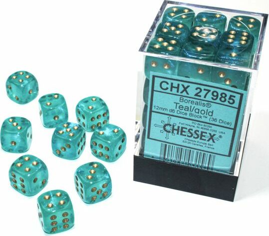 Borealis Teal/gold Luminary 12mm d6 Dice Block (36 dice) - Saltire Games