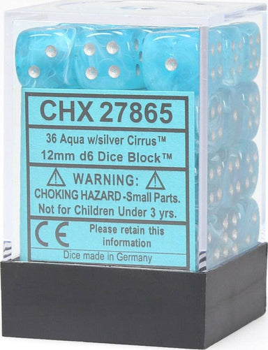 Cirrus Aqua/silver 12mm d6 Dice Block (36 dice) - Saltire Games
