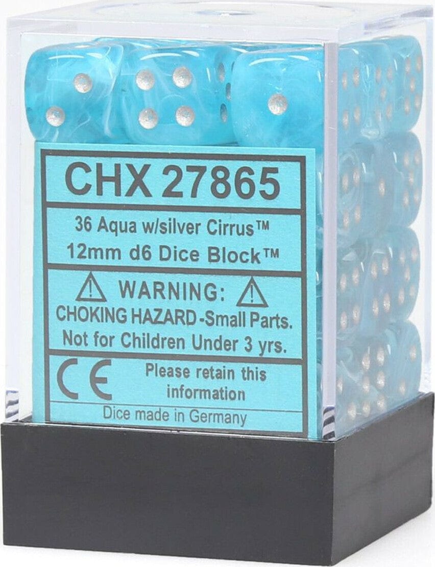 Cirrus Aqua/silver 12mm d6 Dice Block (36 dice) - Saltire Games