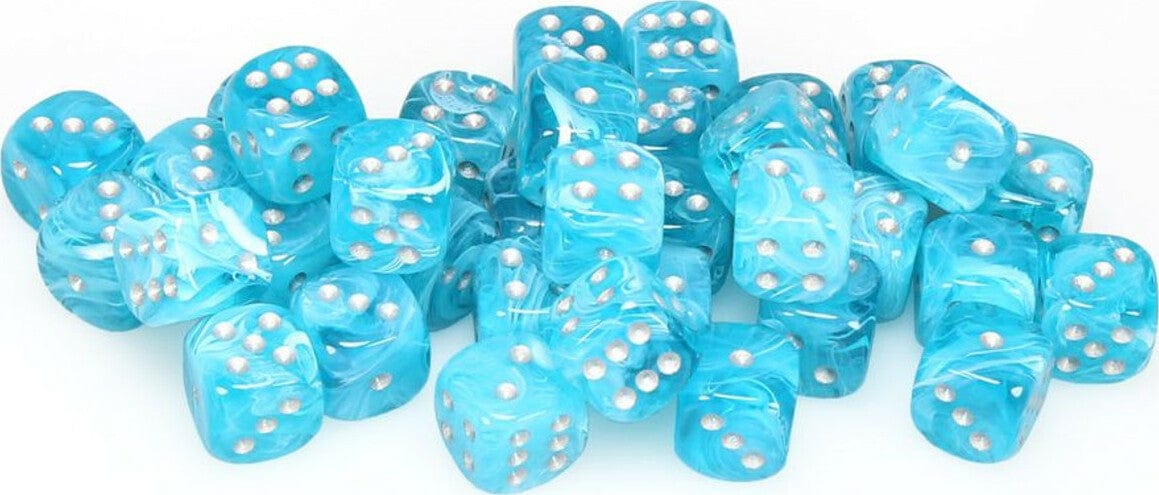 Cirrus Aqua/silver 12mm d6 Dice Block (36 dice) - Saltire Games