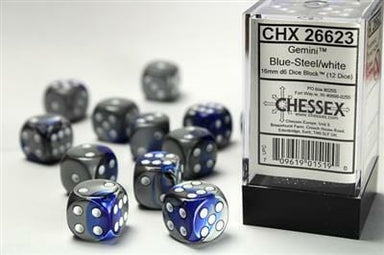 Gemini® 16mm D6 Blue-Steel/white Dice Block™ (12 dice) - Saltire Games