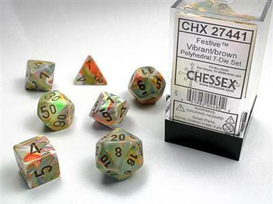 Festive Vibrant/brown Polyhedral 7-Die Set - Saltire Games