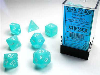 Frosted Teal/white Polyhedral 7-Die Set - Saltire Games